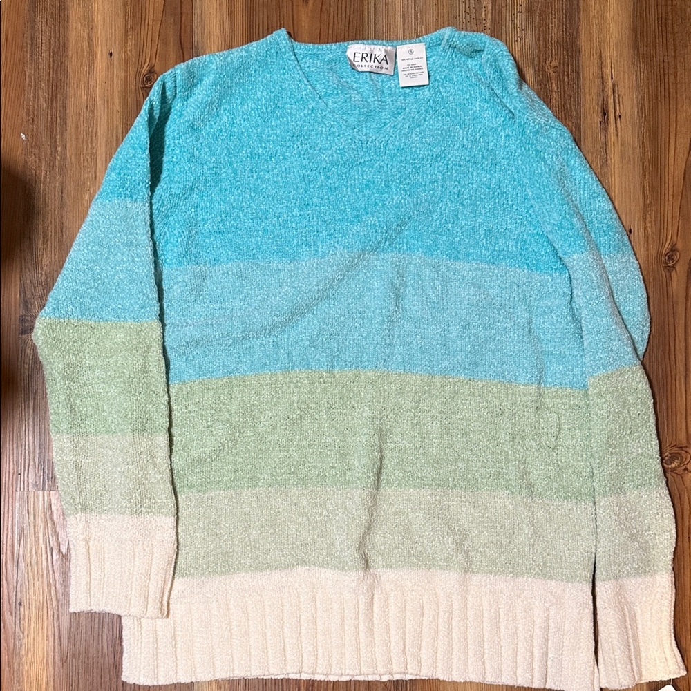 Vintage Erika womens V-Neck Sweater in Blue, Green, and Cream